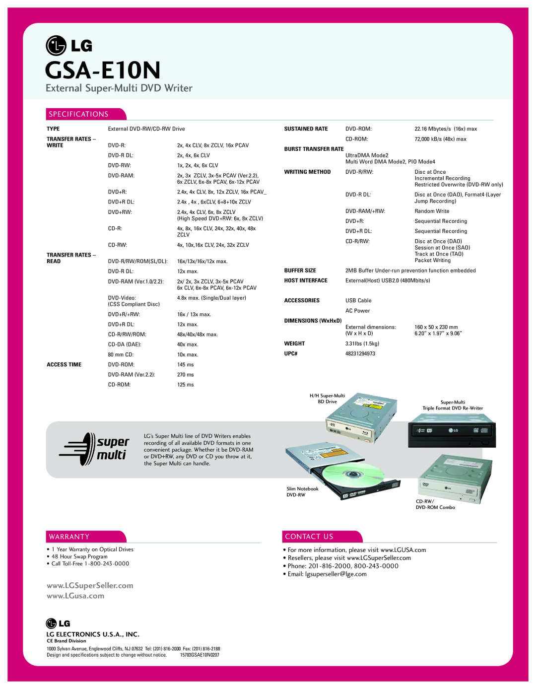 LG Electronics GSA-E10N Type, Transfer Rates, Write, Read, Access Time, Sustained Rate, Writing Method, Buffer Size, Upc# 