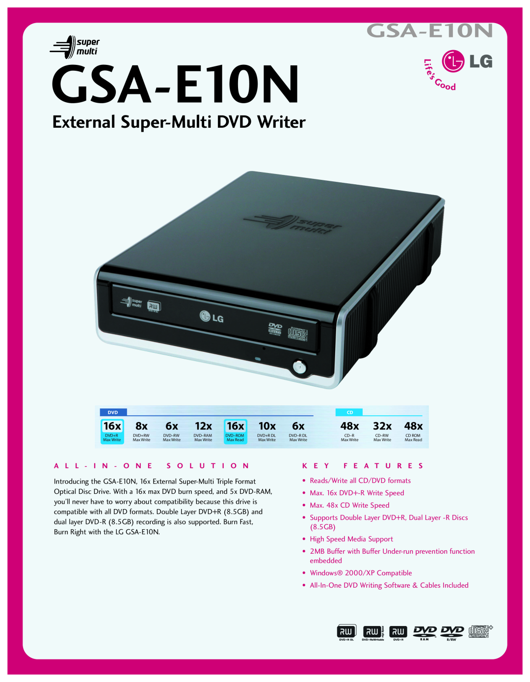LG Electronics GSA-E10N manual External Super-Multi DVD Writer, A L L - I N - O N E S O L U T I O N, K E Y F E A T U R E S 