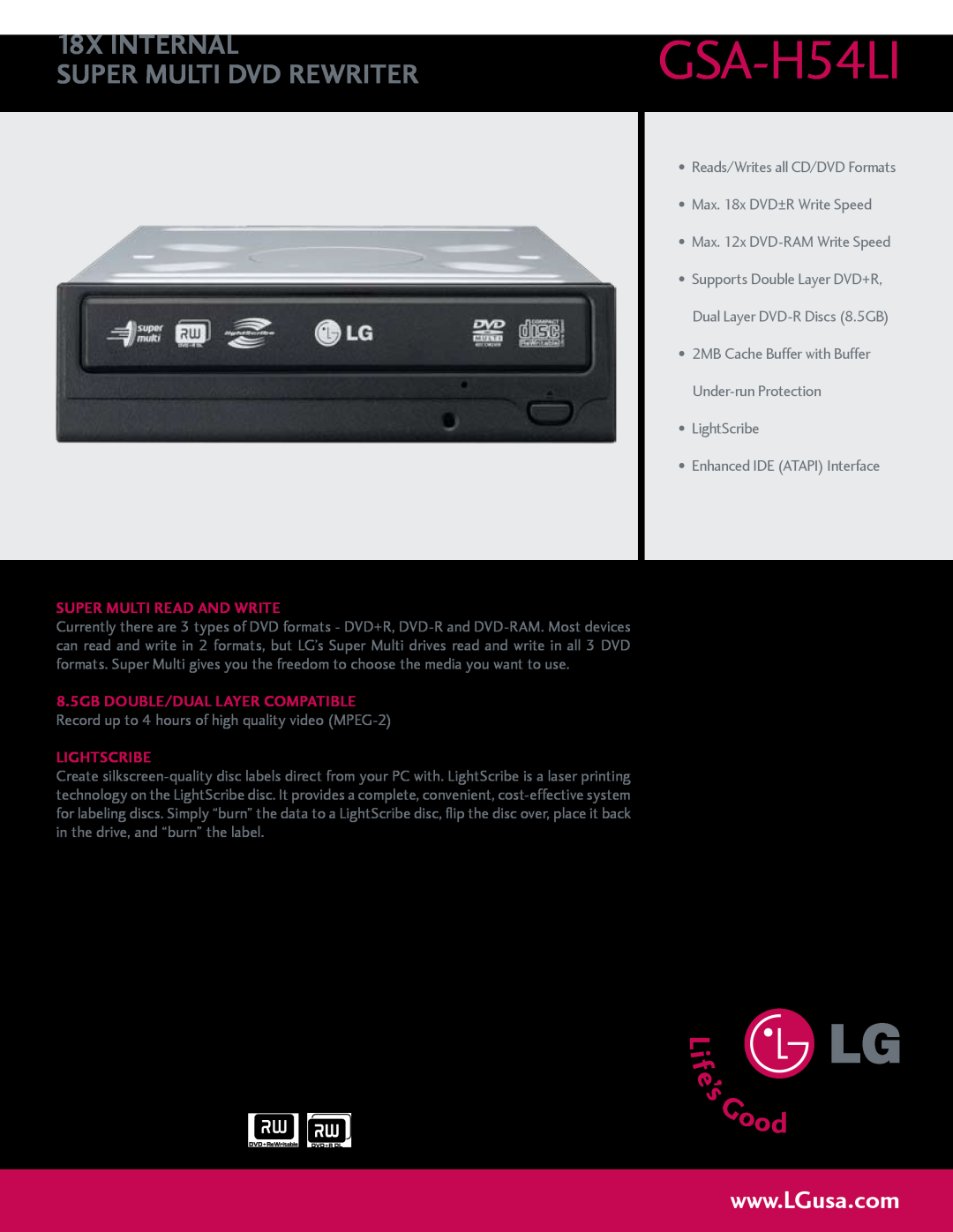 LG Electronics GSA-H54LI manual 18X INTERNAL SUPER MULTI DVD REWRITER, super multi read and write, lightscribe 