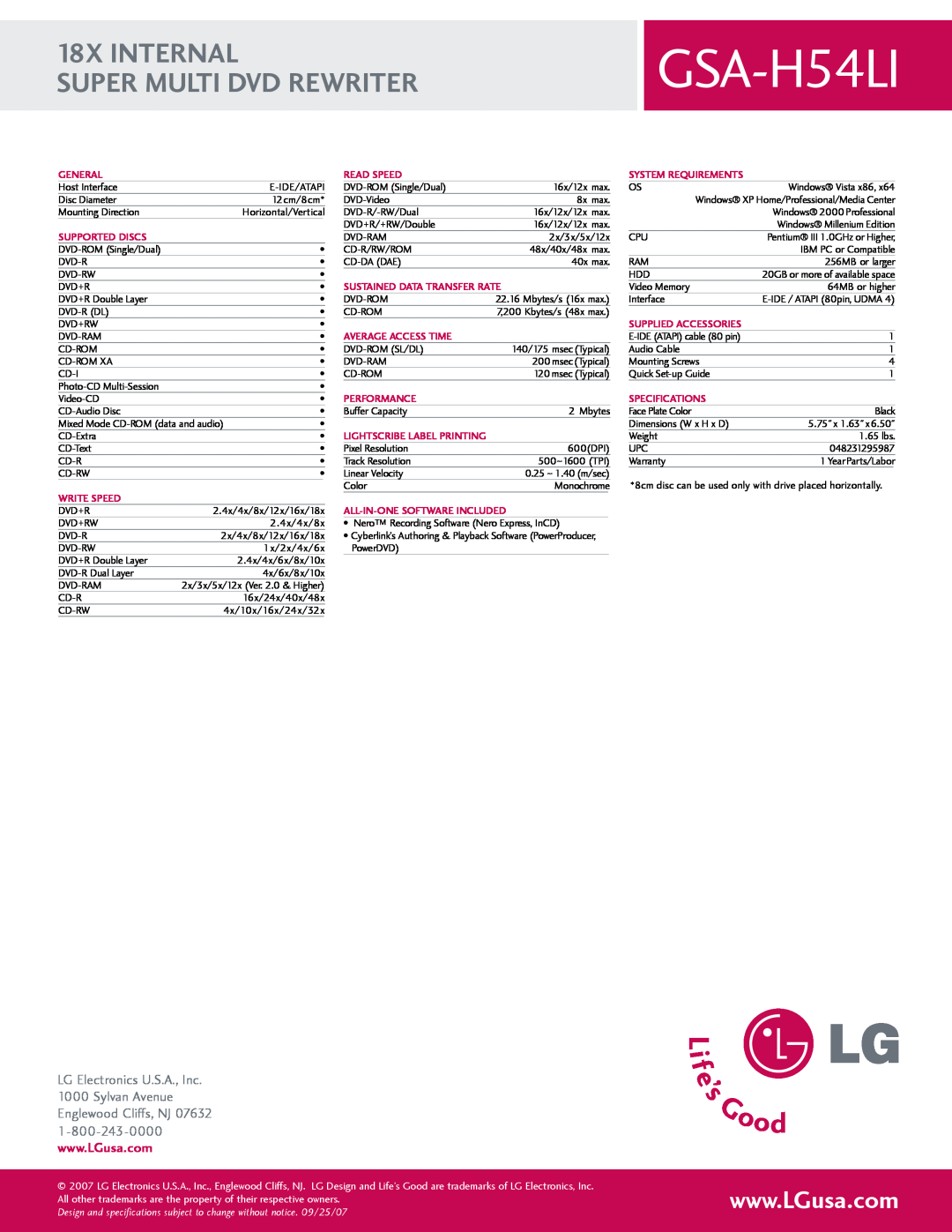 LG Electronics GSA-H54LI manual 18X INTERNAL SUPER MULTI DVD REWRITER 