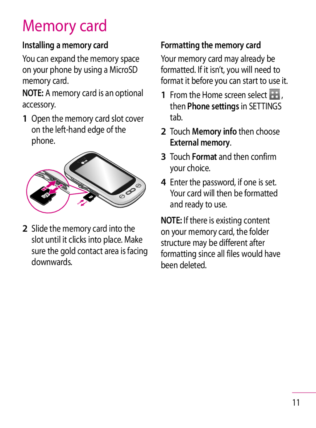 LG Electronics GT350 manual Memory card, Installing a memory card, Formatting the memory card 