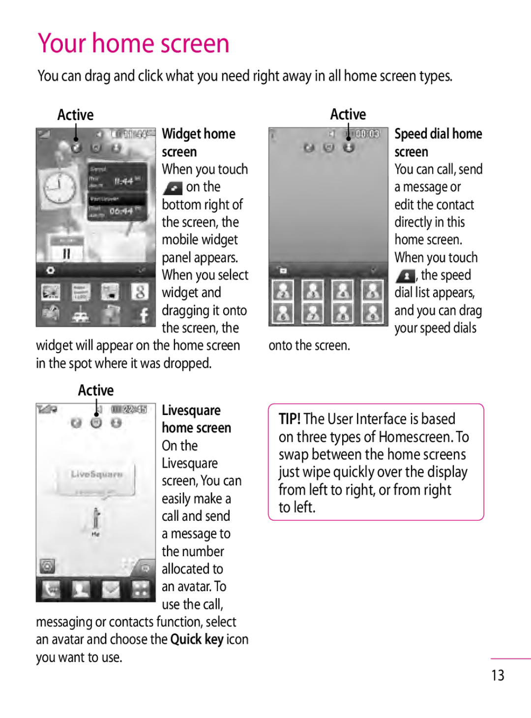 LG Electronics GT350 Your home screen, Active, Bottom right Screen, Mobile widget Panel appears, Spot where it was dropped 