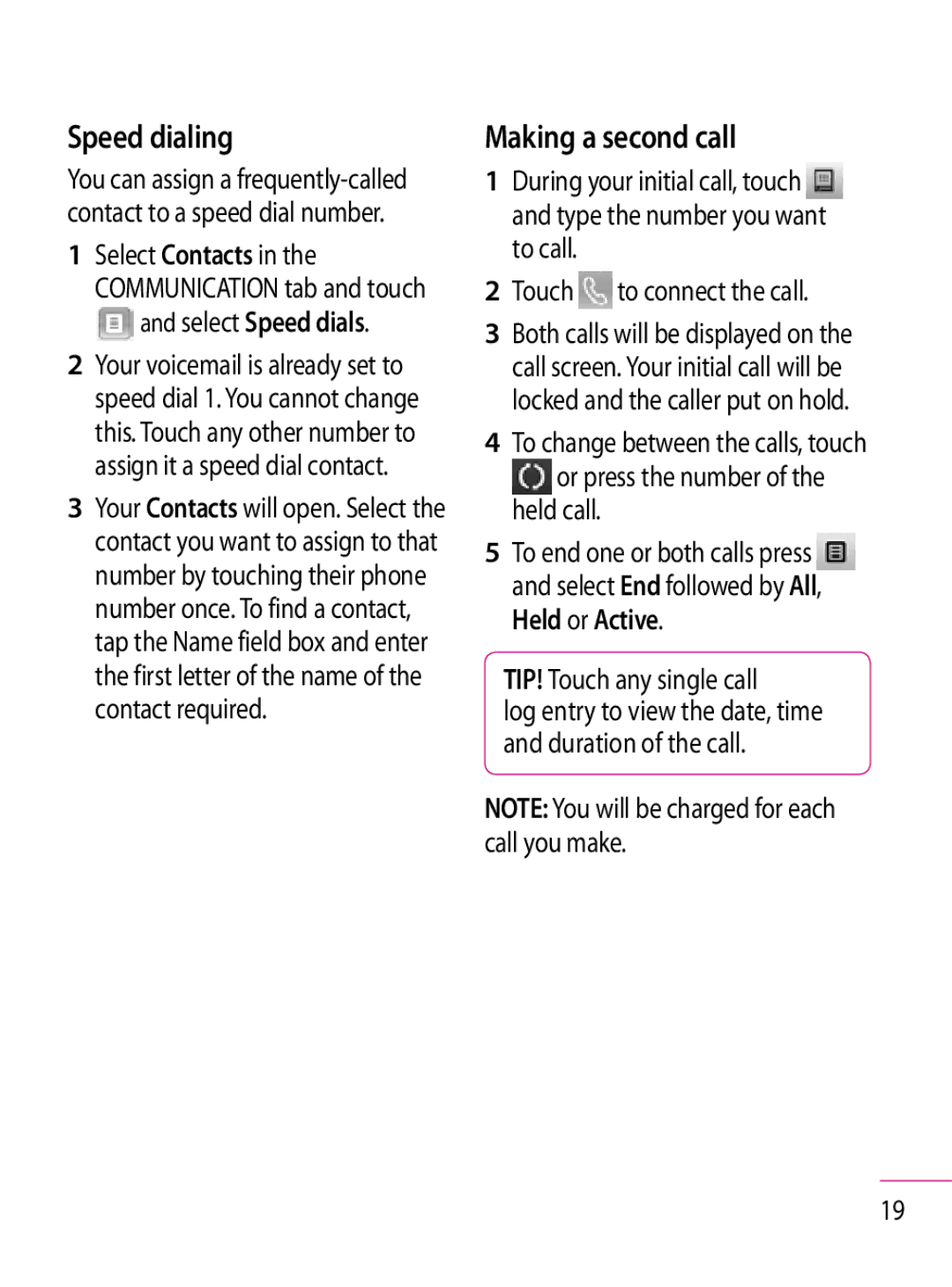 LG Electronics GT350 manual Speed dialing, Making a second call, Select Speed dials 