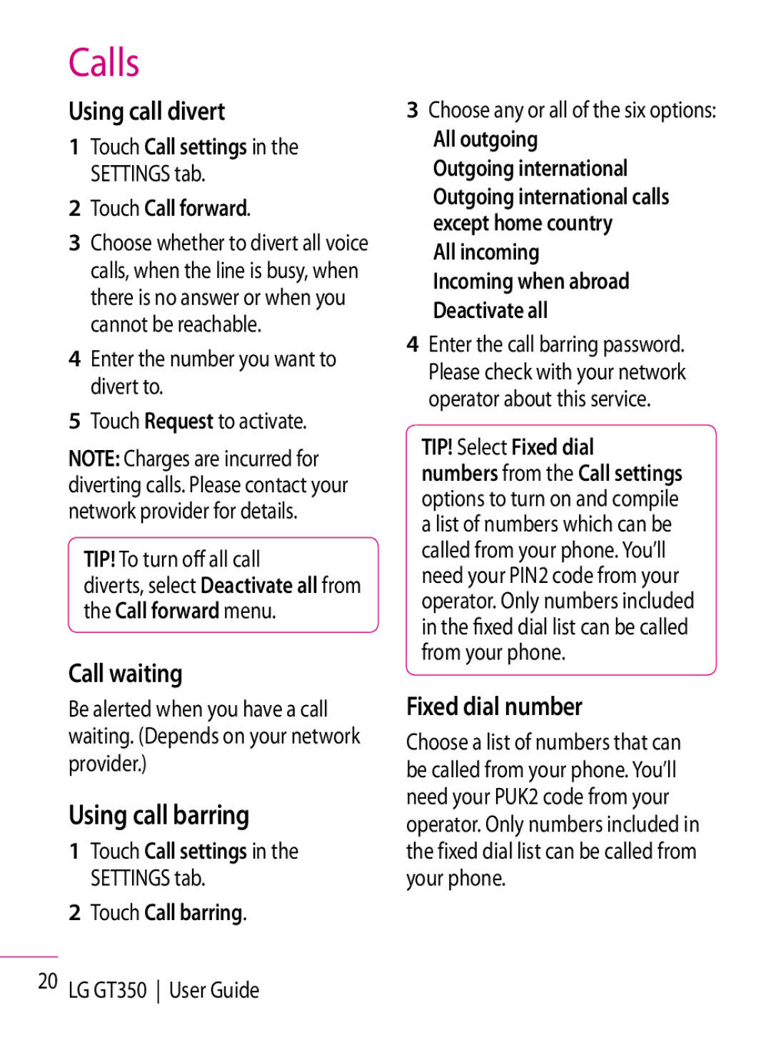 LG Electronics GT350 manual Using call barring, Using call divert, Call waiting, Fixed dial number, Touch Call forward 
