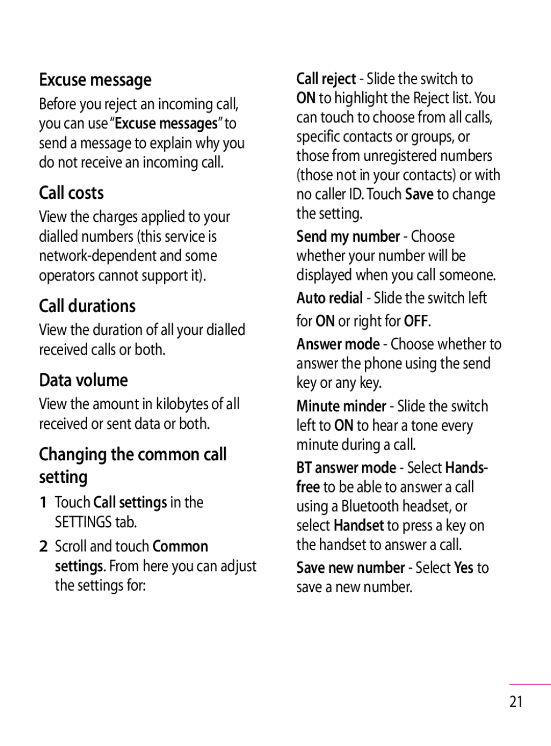 LG Electronics GT350 manual Excuse message, Call costs, Call durations, Data volume, Changing the common call setting 