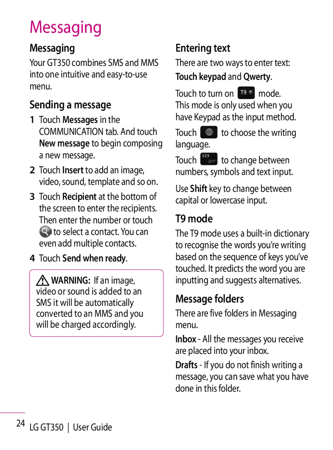 LG Electronics GT350 manual Messaging 