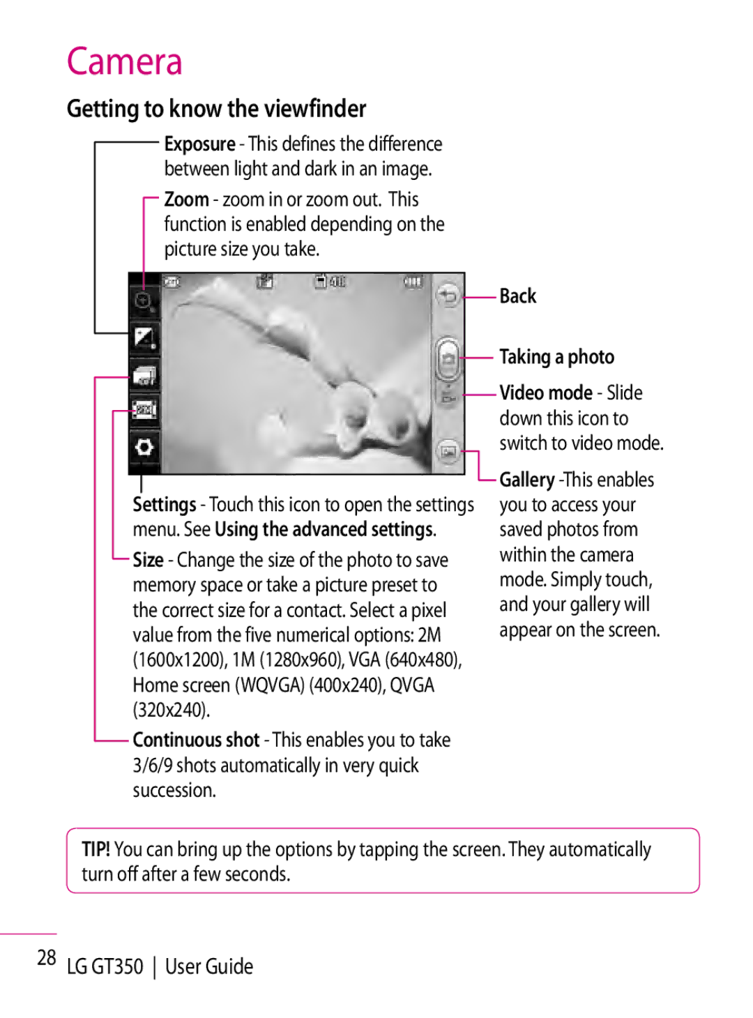 LG Electronics GT350 manual Camera, Getting to know the viewfinder 