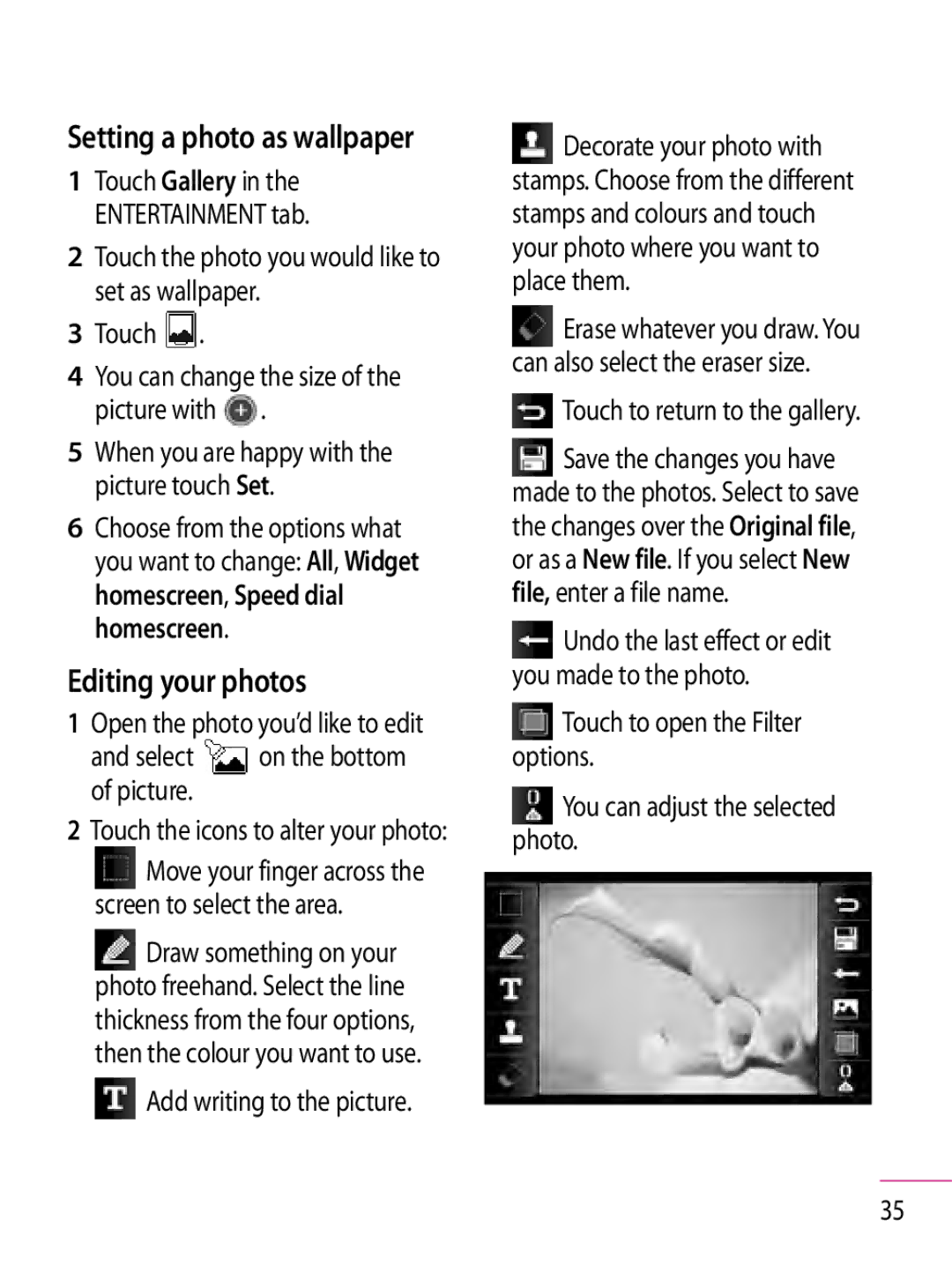 LG Electronics GT350 manual Editing your photos, Setting a photo as wallpaper, Touch, Select on the bottom of picture 