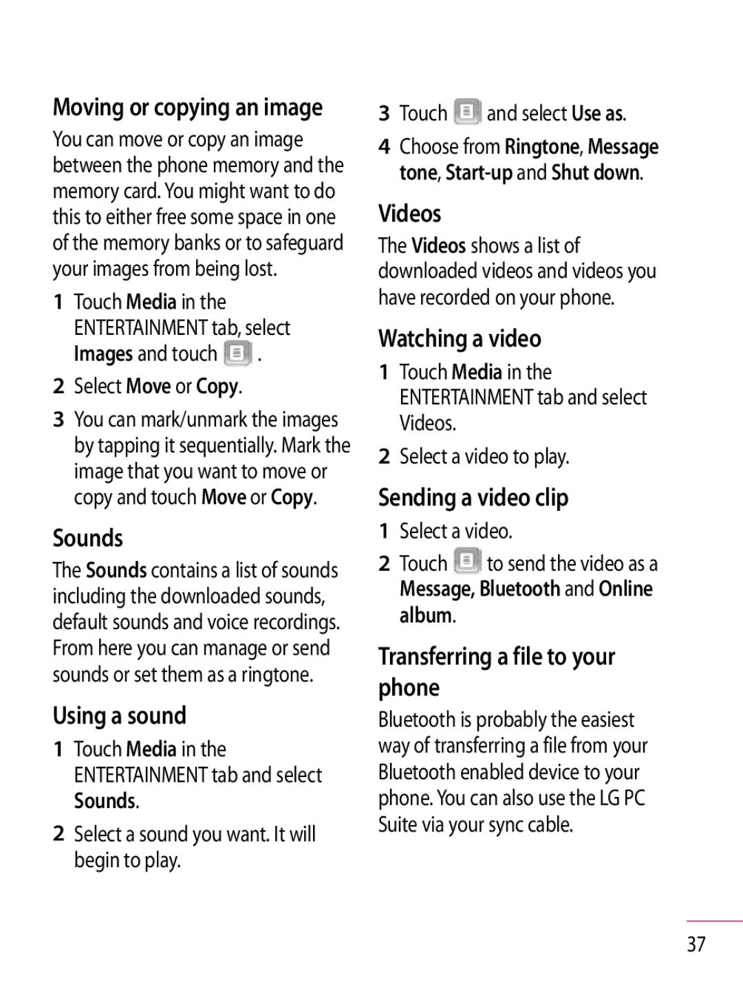 LG Electronics GT350 manual Sounds, Using a sound, Videos, Watching a video, Sending a video clip 