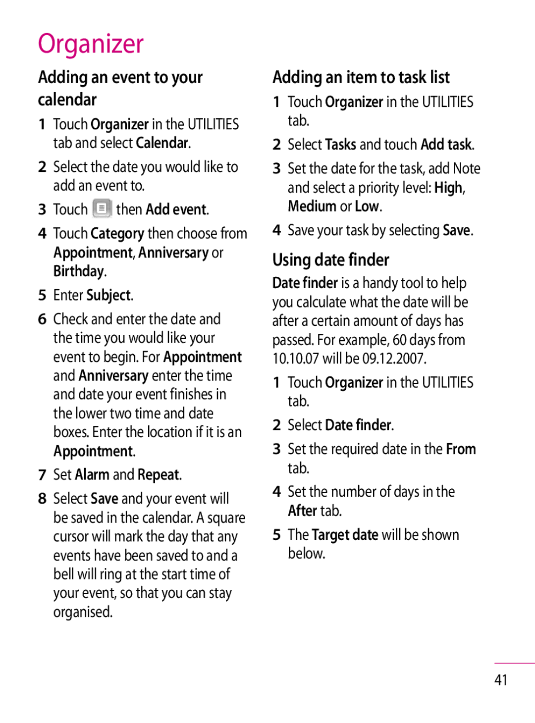 LG Electronics GT350 manual Organizer, Adding an event to your calendar, Adding an item to task list, Using date finder 