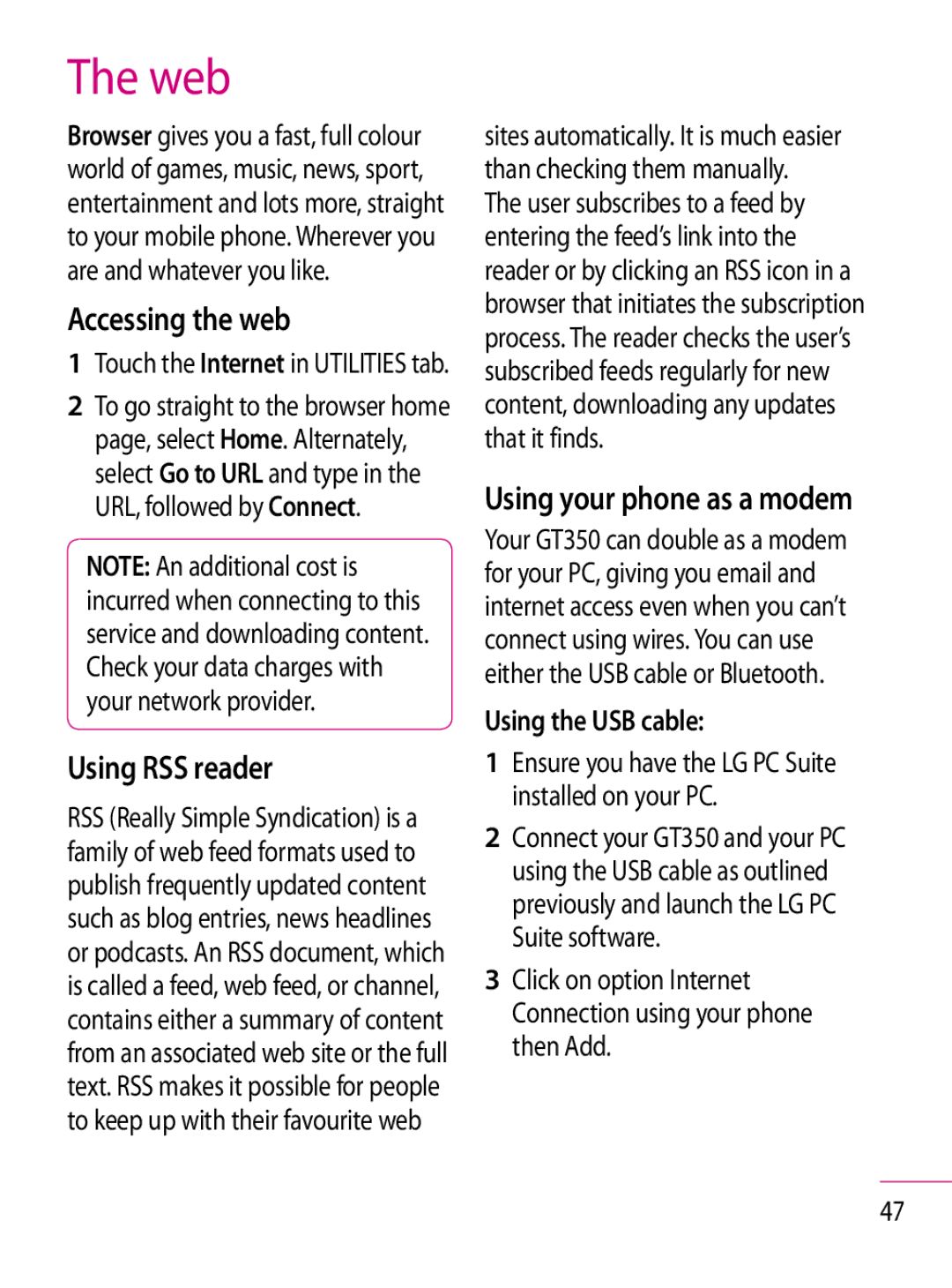 LG Electronics GT350 manual Web, Accessing the web, Using RSS reader, Using your phone as a modem, Using the USB cable 