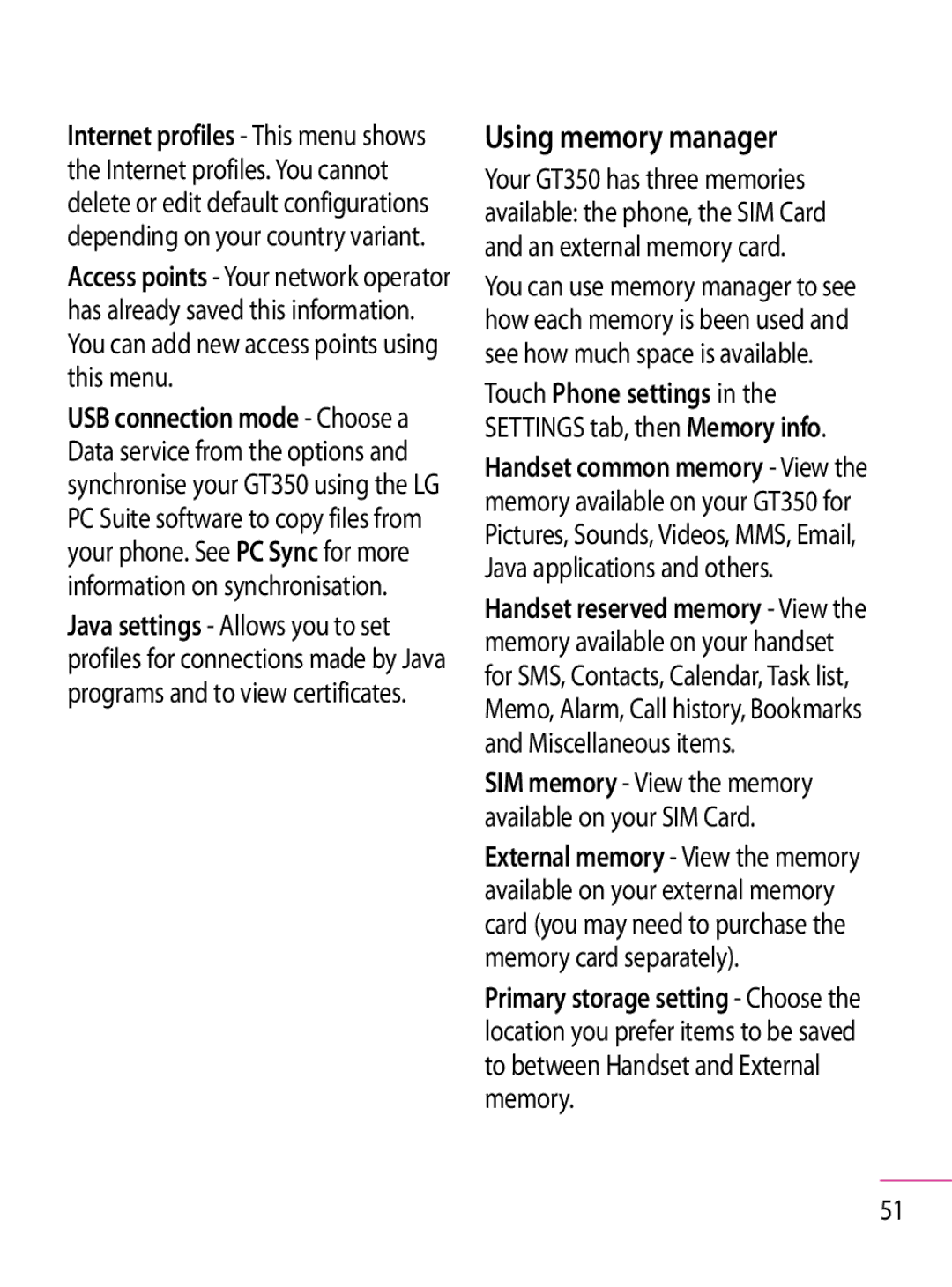 LG Electronics GT350 manual Using memory manager 