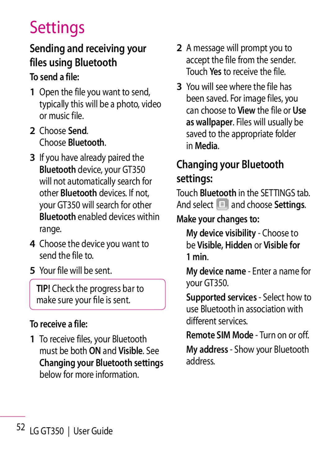 LG Electronics GT350 manual Changing your Bluetooth settings, To send a file, To receive a file, Make your changes to 