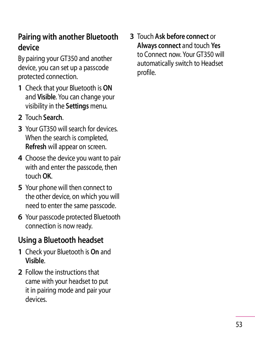 LG Electronics GT350 manual Pairing with another Bluetooth device, Touch Search 