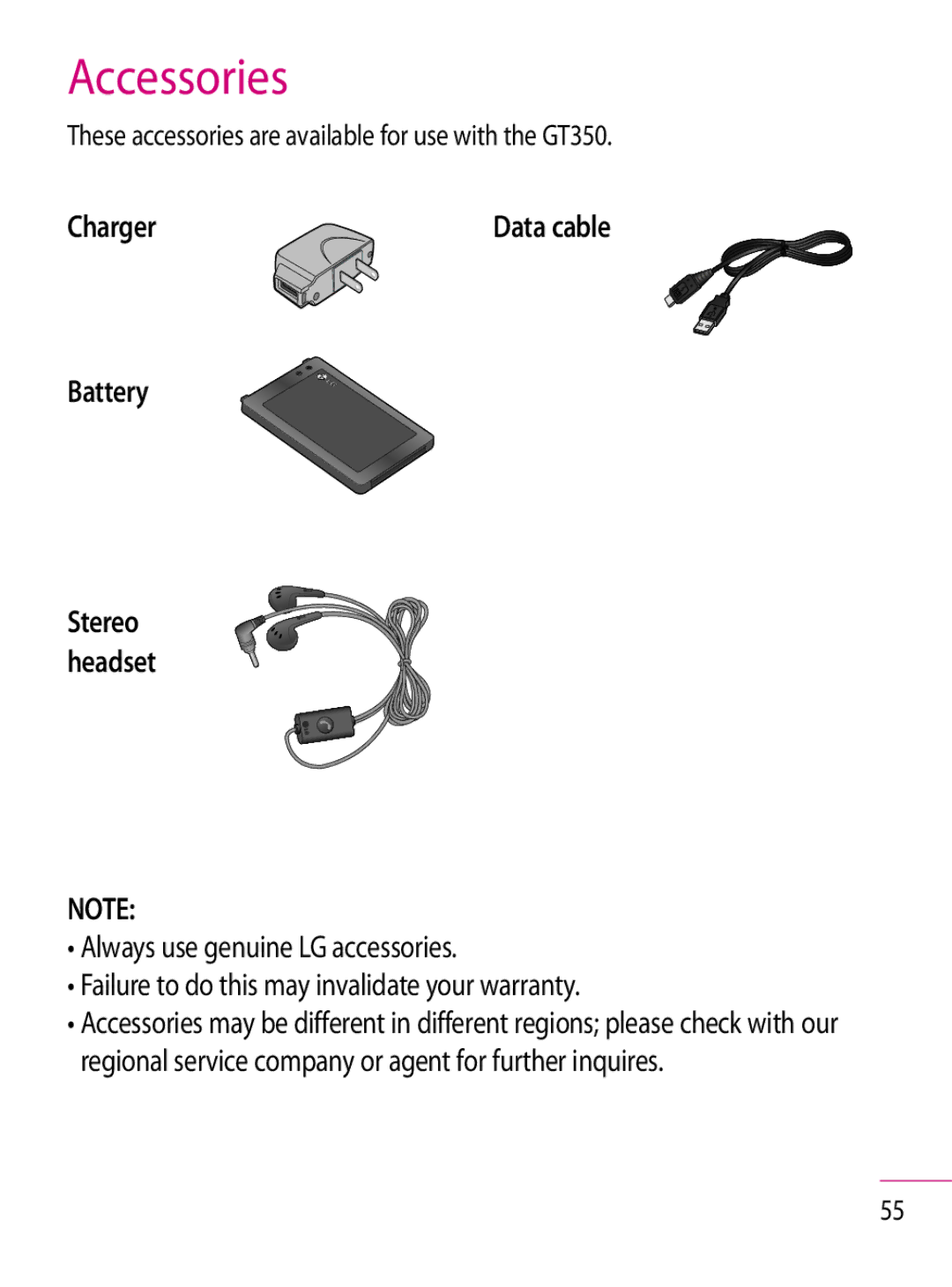 LG Electronics manual Accessories, Charger, Battery, These accessories are available for use with the GT350 