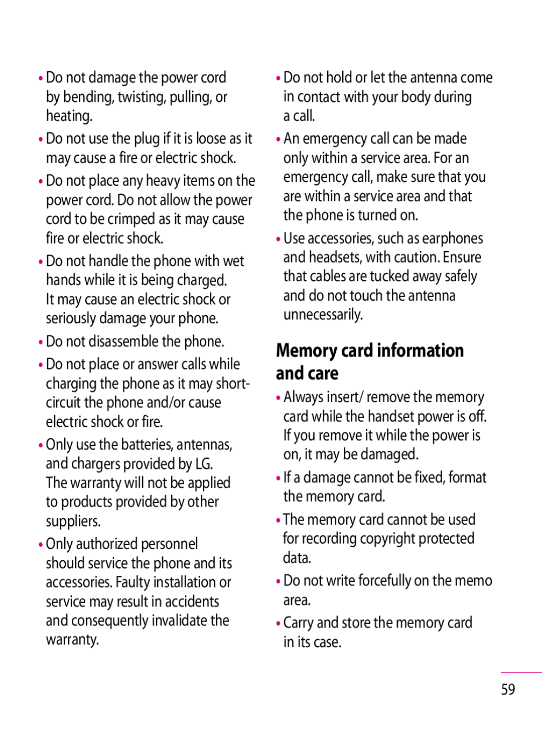 LG Electronics GT350 manual Memory card information and care, Call, Do not disassemble the phone 