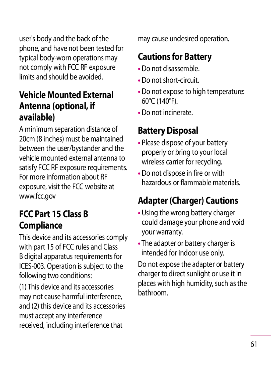 LG Electronics GT350 manual FCC Part 15 Class B Compliance, Battery Disposal, Adapter Charger Cautions, Do not incinerate 