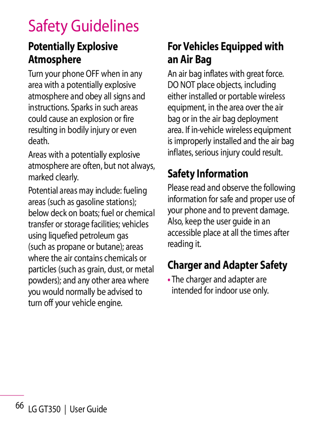 LG Electronics GT350 Potentially Explosive Atmosphere, Charger and Adapter Safety, For Vehicles Equipped with an Air Bag 