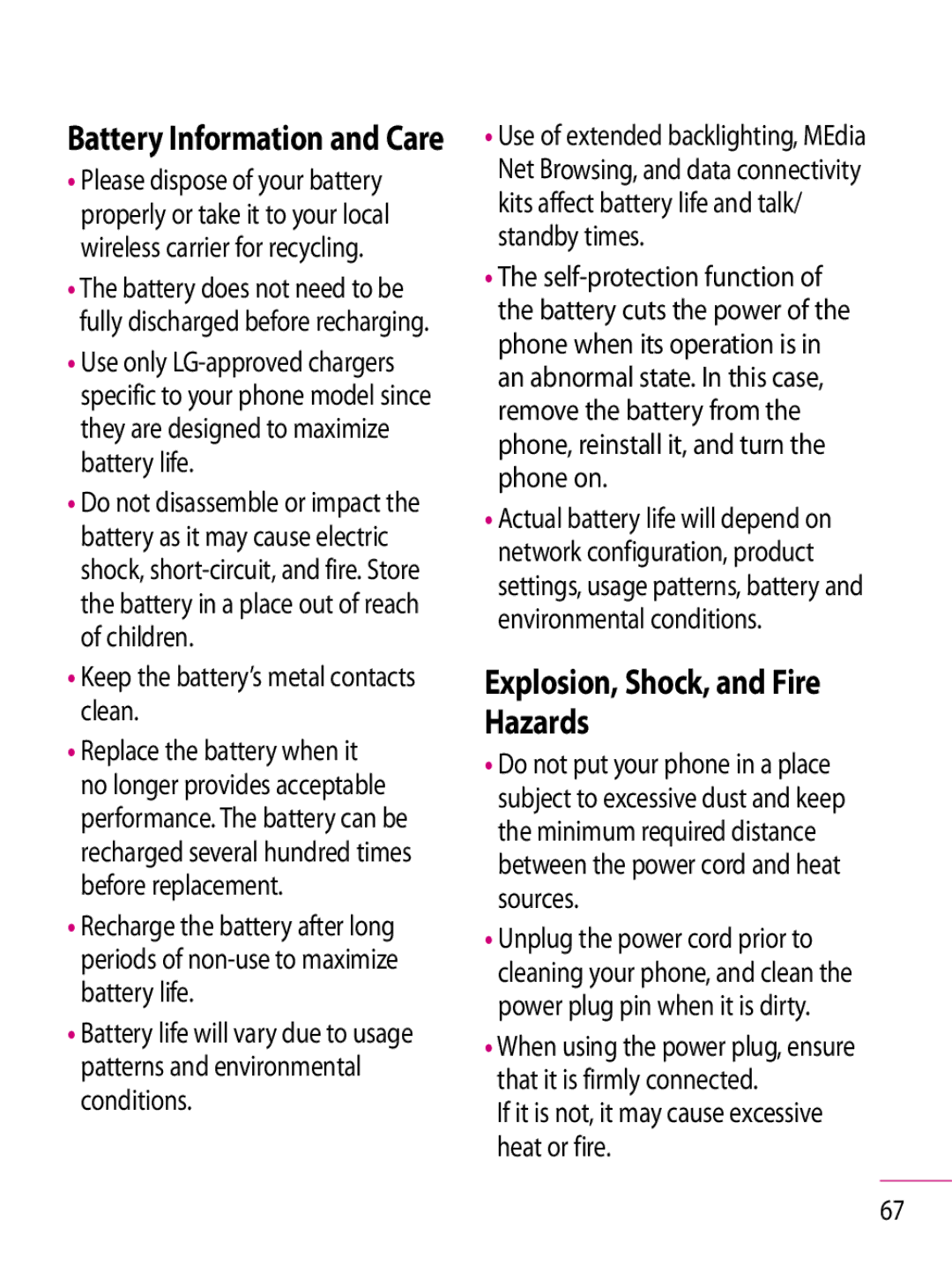 LG Electronics GT350 manual Explosion, Shock, and Fire Hazards, Battery Information and Care 