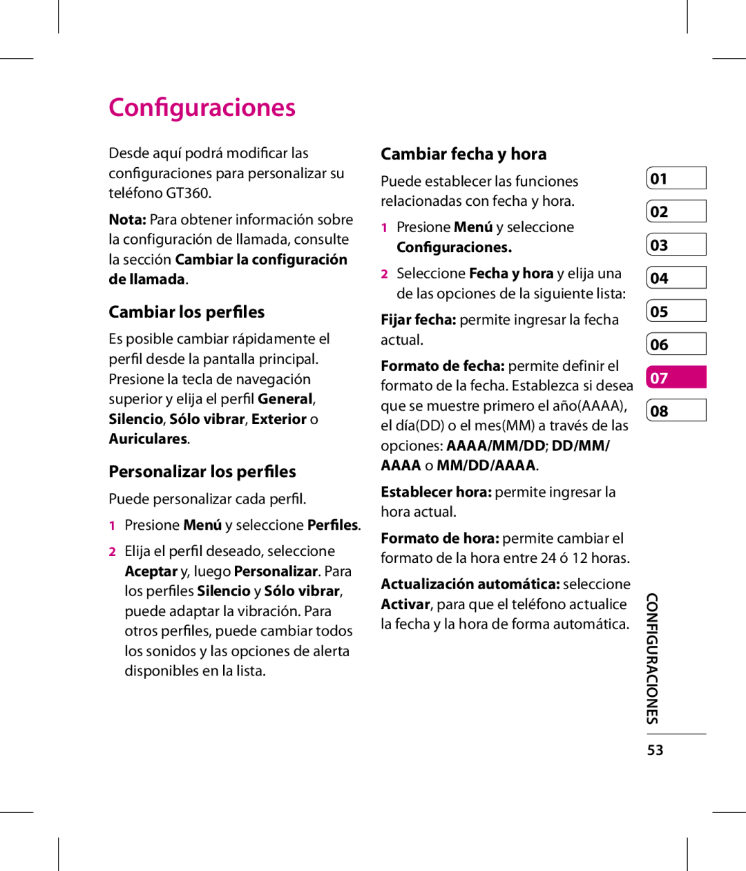 LG Electronics GT360 manual Configuraciones, Cambiar los perfiles, Personalizar los perfiles, Cambiar fecha y hora 