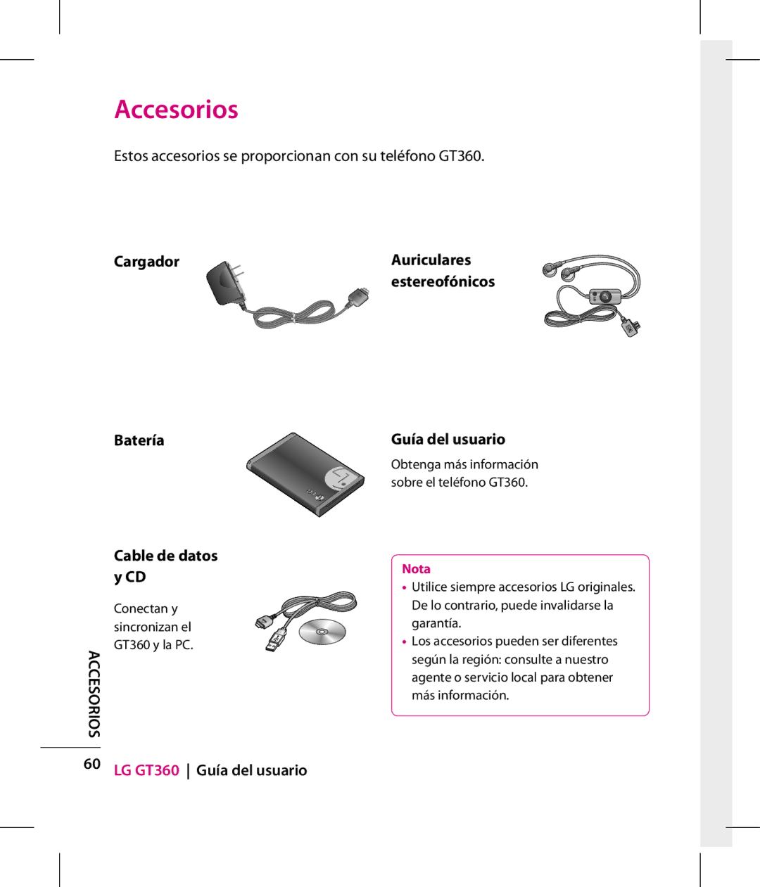 LG Electronics manual Accesorios, Estos accesorios se proporcionan con su teléfono GT360 