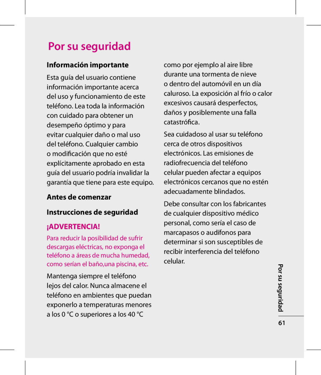 LG Electronics GT360 manual Por su seguridad, Información importante, Antes de comenzar Instrucciones de seguridad 