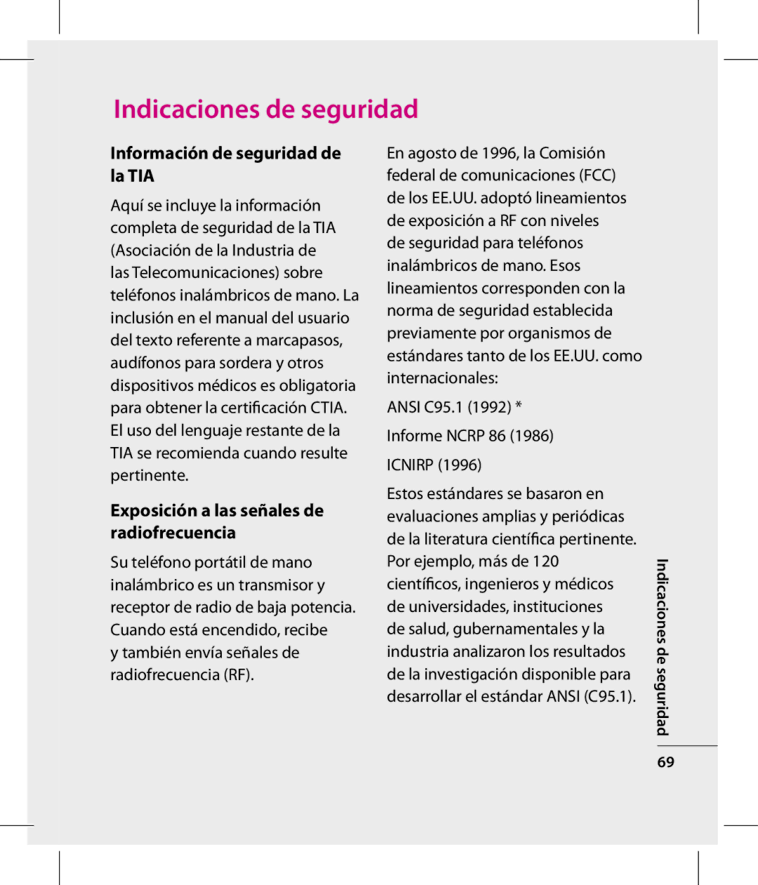 LG Electronics GT360 manual Indicaciones de seguridad, Información de seguridad de la TIA 