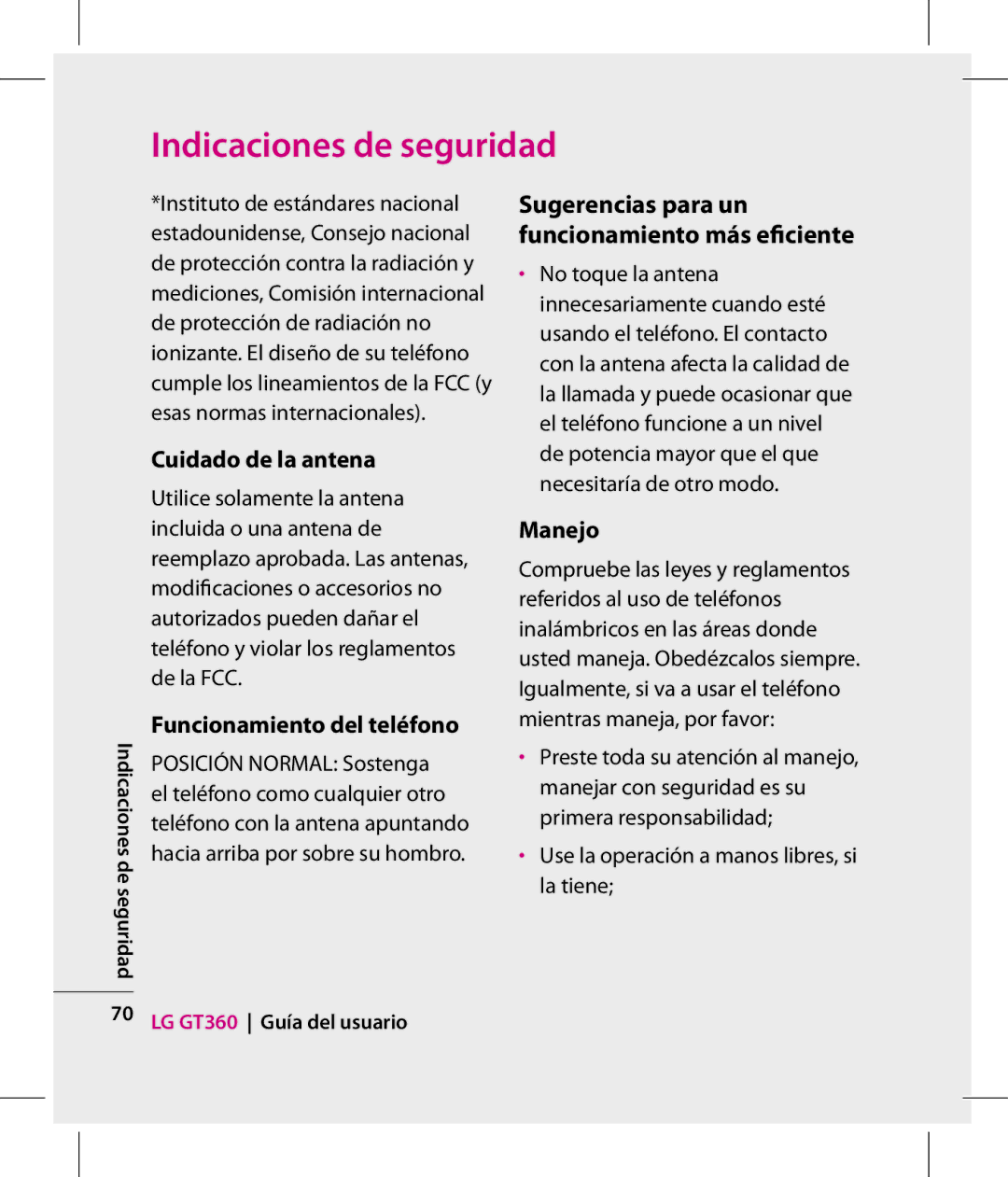 LG Electronics GT360 manual Cuidado de la antena, Funcionamiento del teléfono, Manejo 