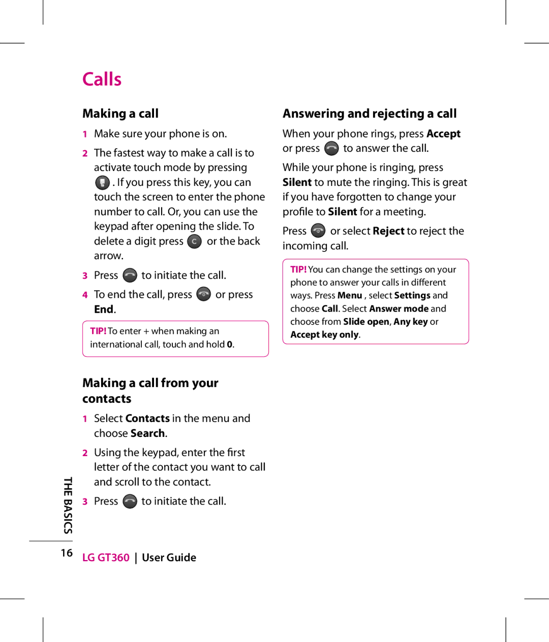 LG Electronics GT360 manual Calls, Making a call from your contacts, Answering and rejecting a call 