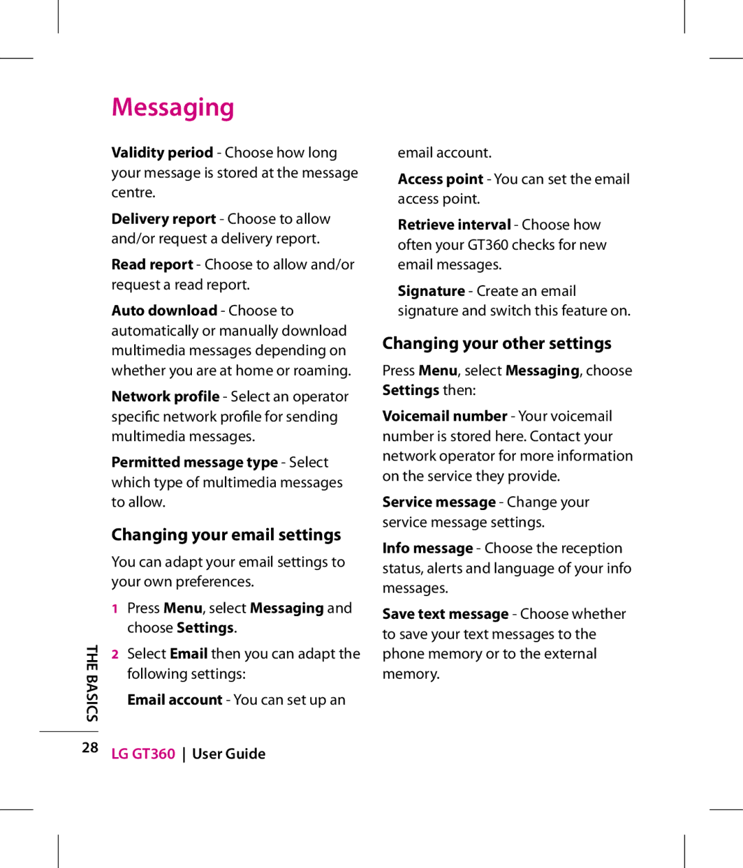 LG Electronics GT360 manual Changing your email settings, Changing your other settings 