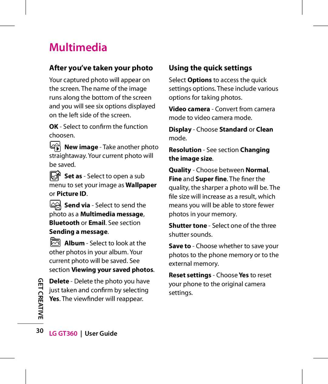 LG Electronics GT360 manual After you’ve taken your photo, Using the quick settings, Send via Select to send 