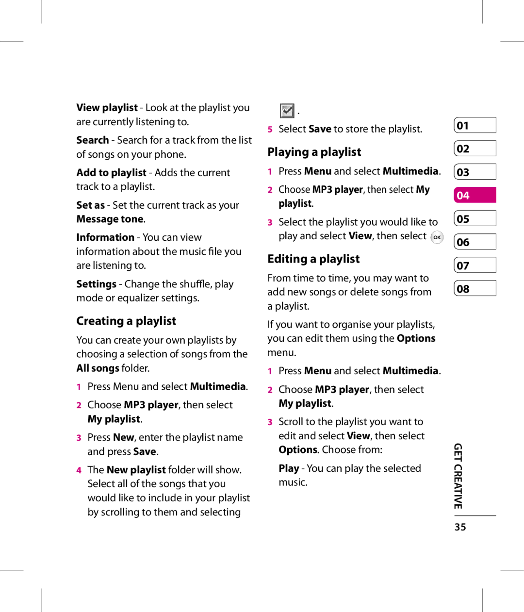 LG Electronics GT360 manual Creating a playlist, Playing a playlist, Editing a playlist 