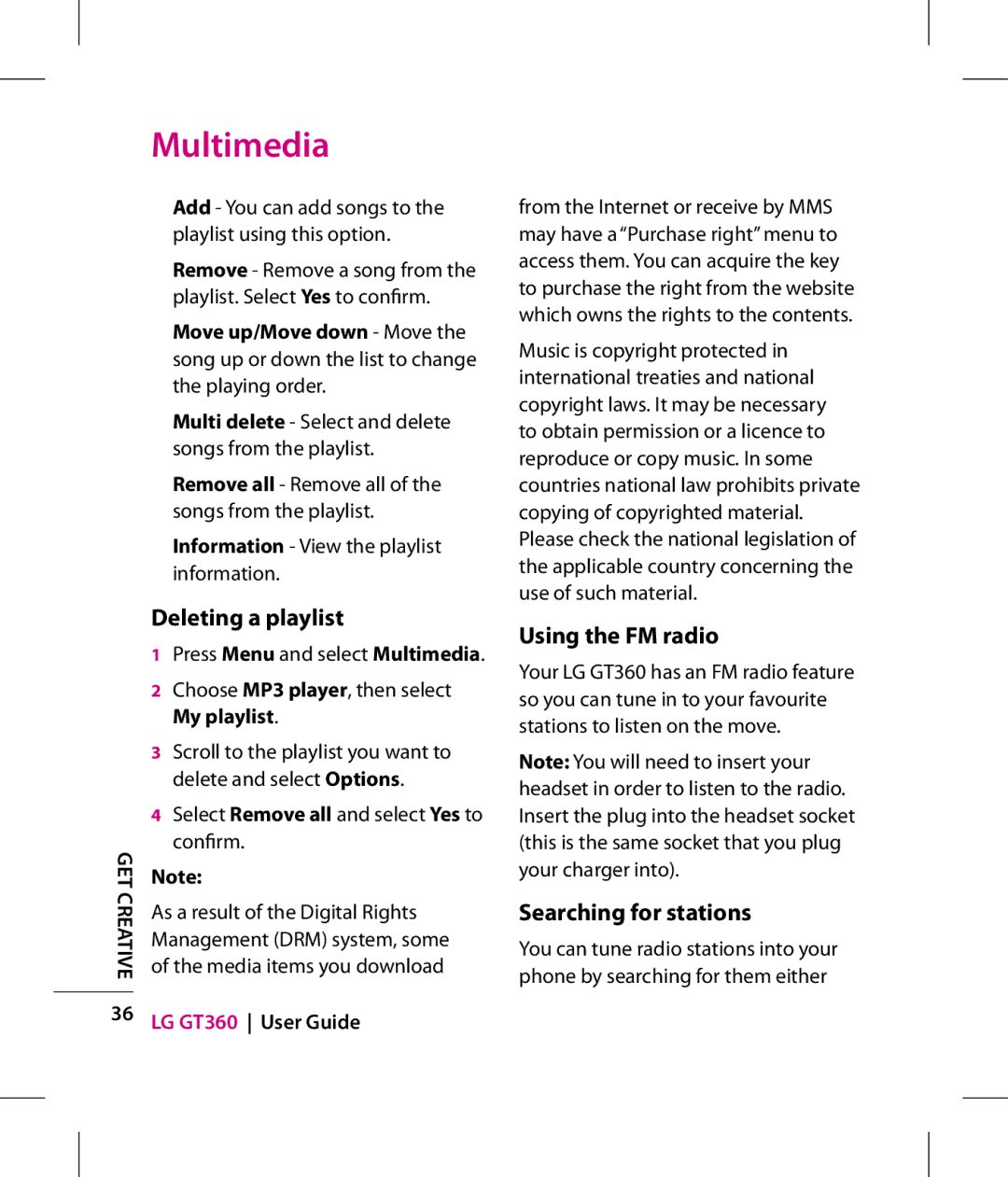 LG Electronics GT360 manual Deleting a playlist, Using the FM radio, Searching for stations 