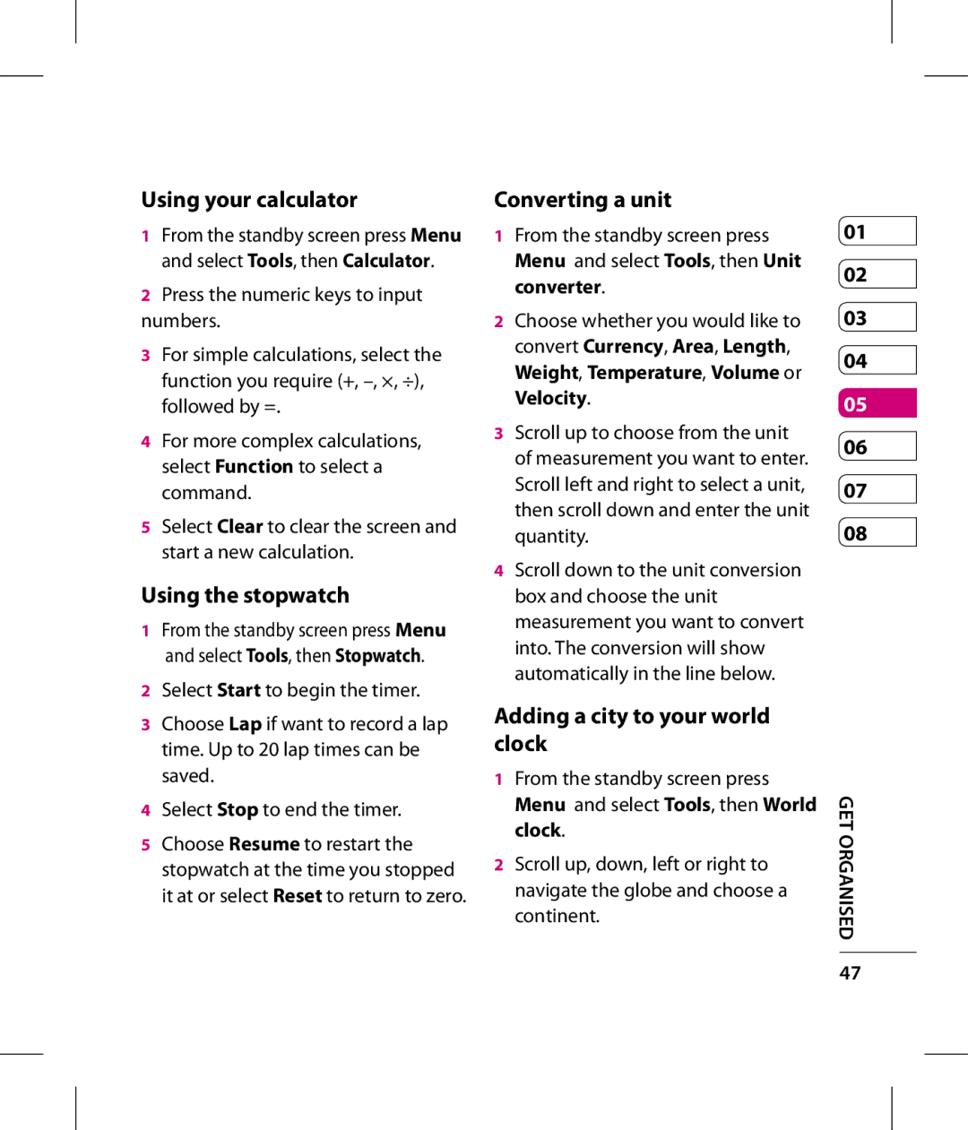 LG Electronics GT360 Using your calculator, Using the stopwatch, Converting a unit, Adding a city to your world clock 