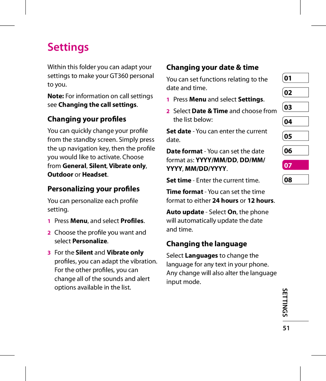 LG Electronics GT360 manual Settings, Changing your profiles, Personalizing your profiles, Changing your date & time 