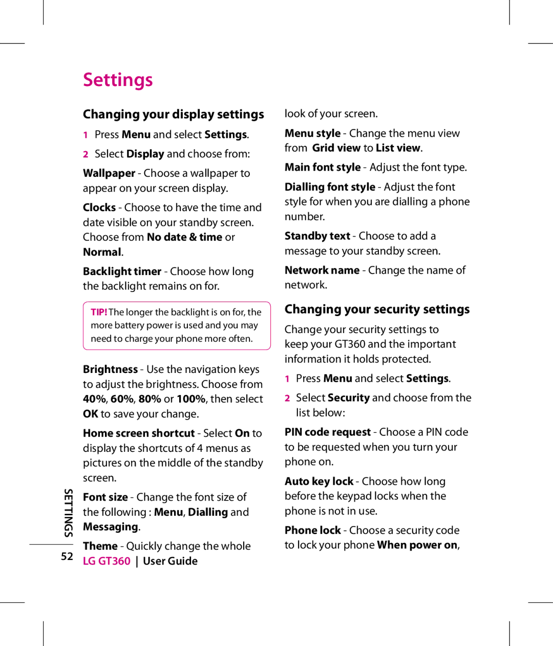 LG Electronics GT360 manual Changing your display settings, Changing your security settings 