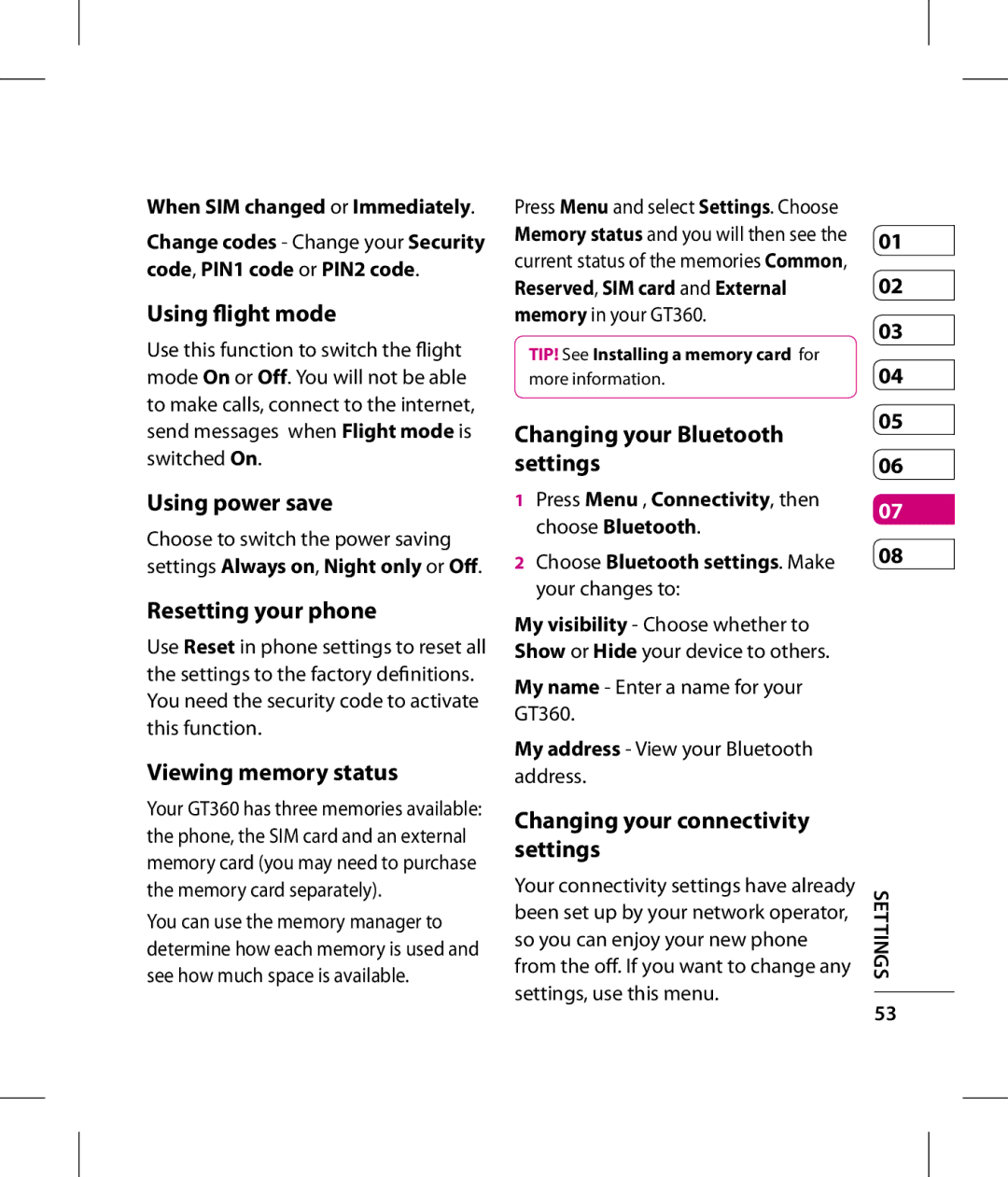 LG Electronics GT360 manual Using flight mode, Using power save, Resetting your phone, Viewing memory status 