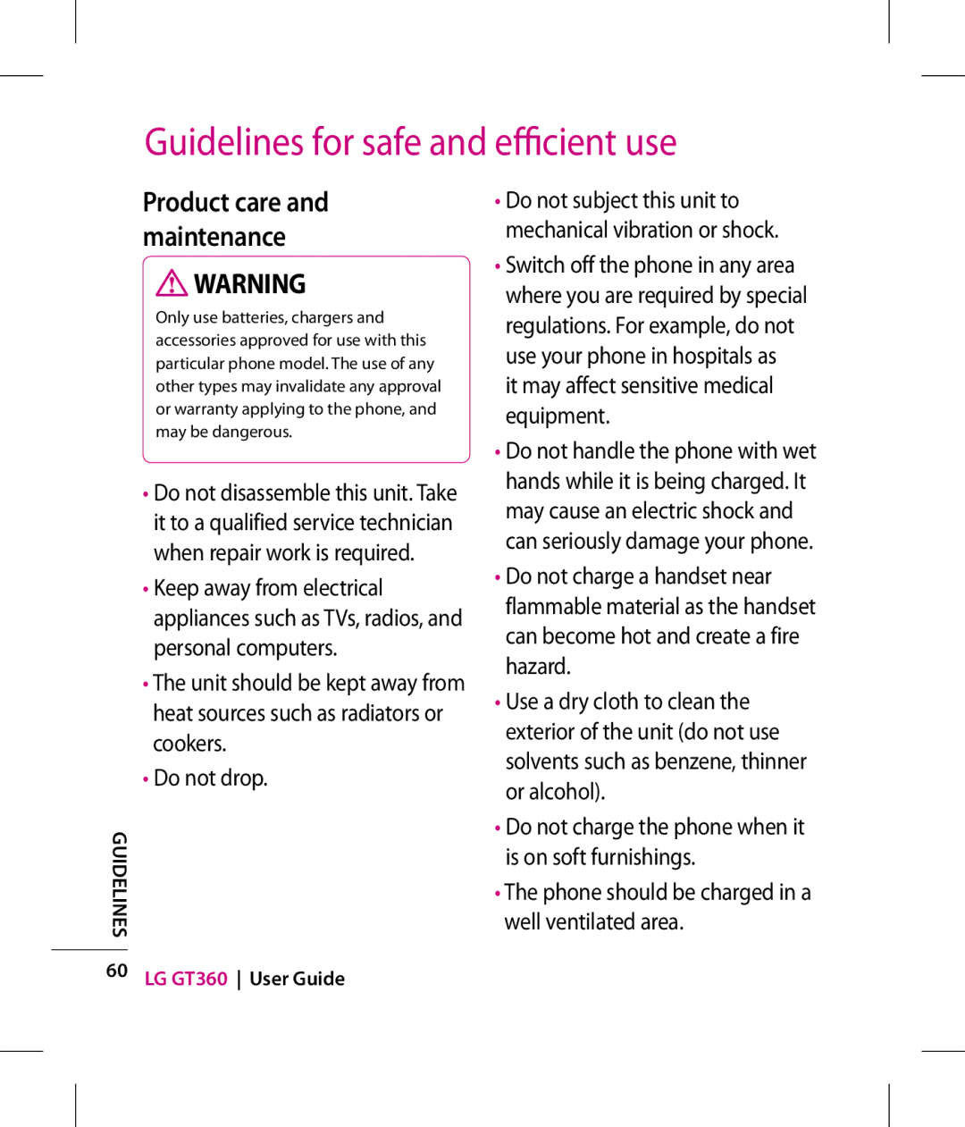 LG Electronics GT360 manual It may affect sensitive medical equipment, Product care and maintenance 