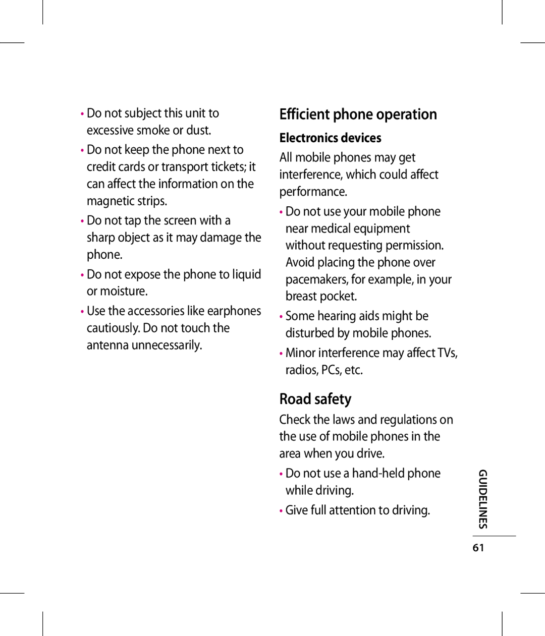 LG Electronics GT360 manual Efficient phone operation, Electronics devices 