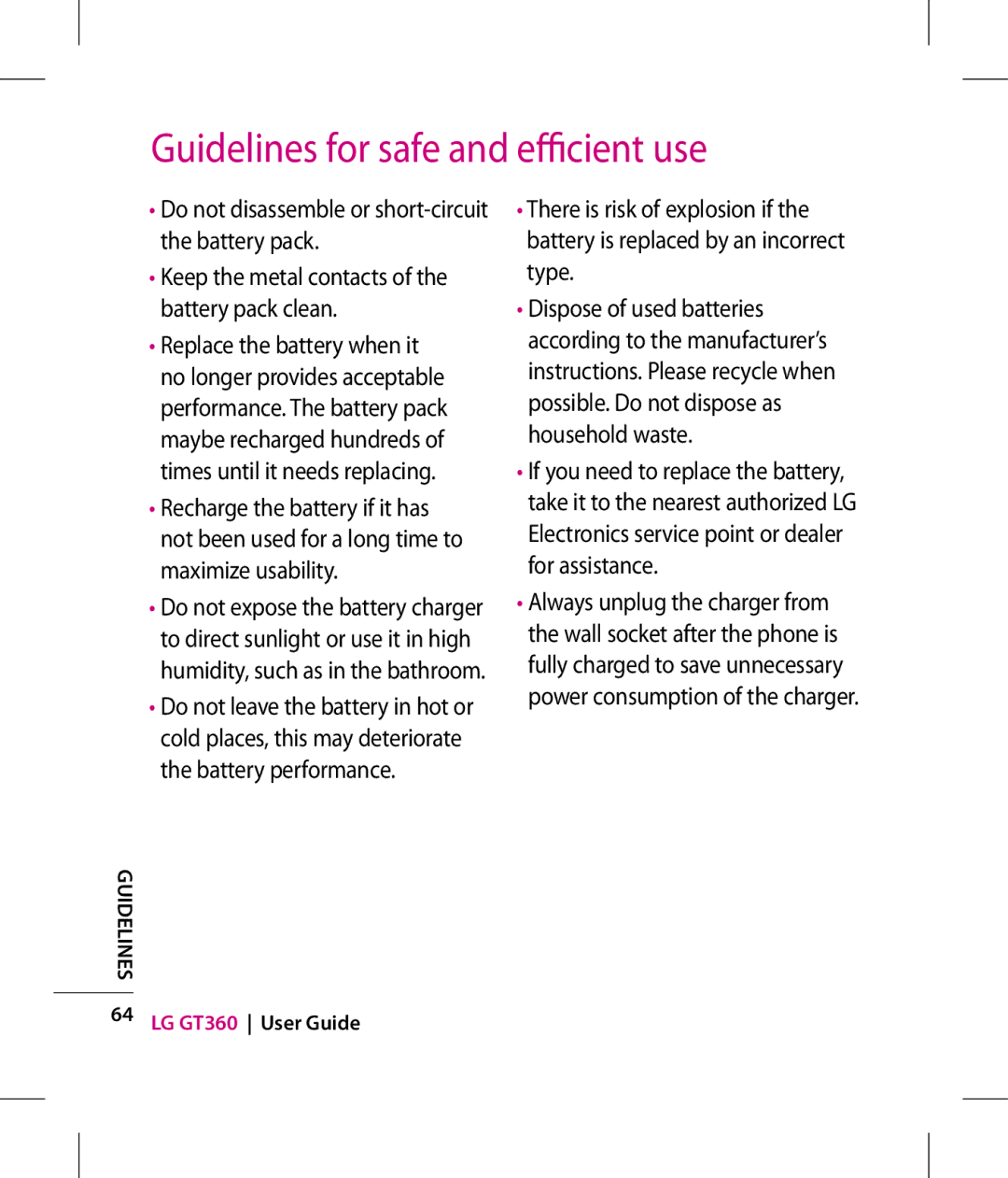 LG Electronics GT360 manual Guidelines for safe and efficient use 