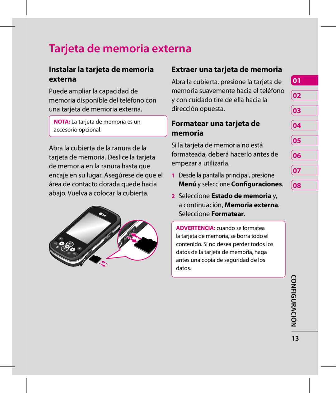 LG Electronics GT360 Tarjeta de memoria externa, Instalar la tarjeta de memoria externa, Formatear una tarjeta de memoria 