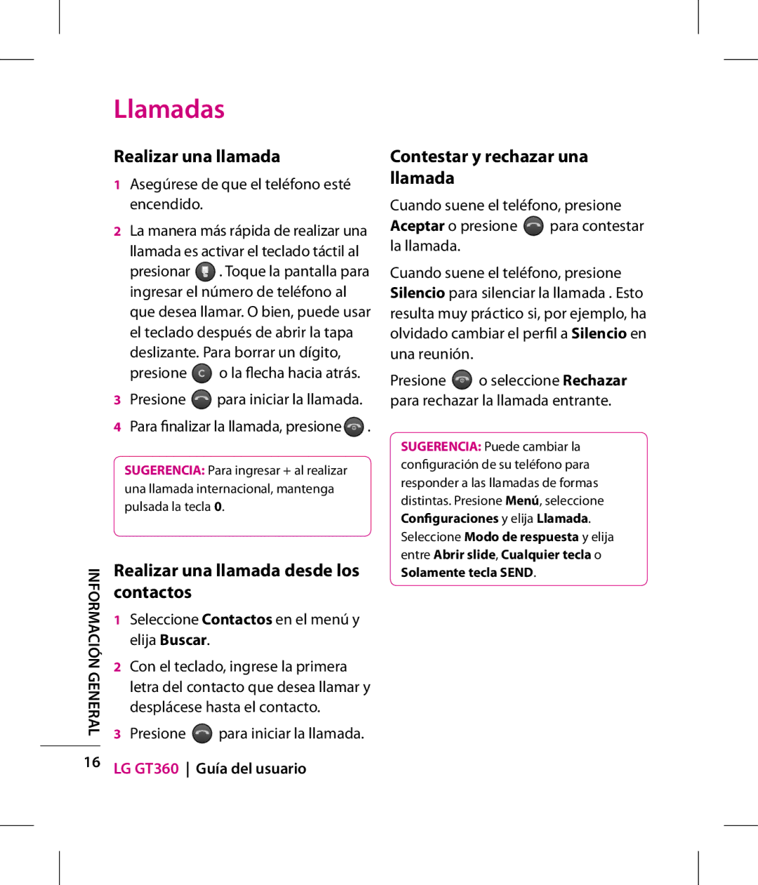 LG Electronics GT360 Llamadas, Realizar una llamada Contestar y rechazar una, Realizar una llamada desde los contactos 