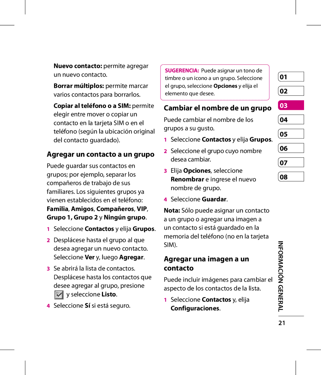 LG Electronics GT360 manual Agregar una imagen a un contacto, Agregar un contacto a un grupo, Cambiar el nombre de un grupo 