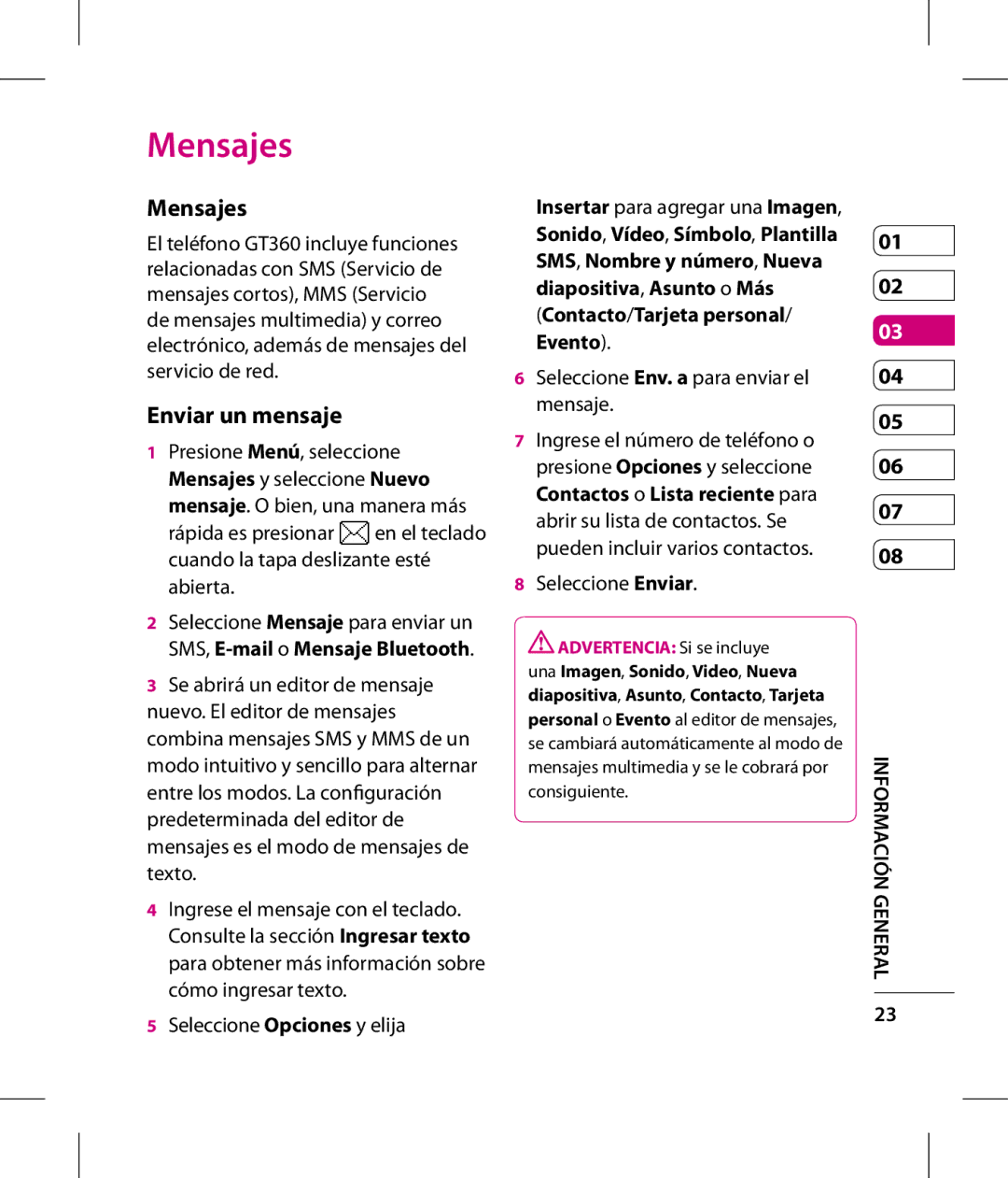 LG Electronics GT360 manual Mensajes, Enviar un mensaje 