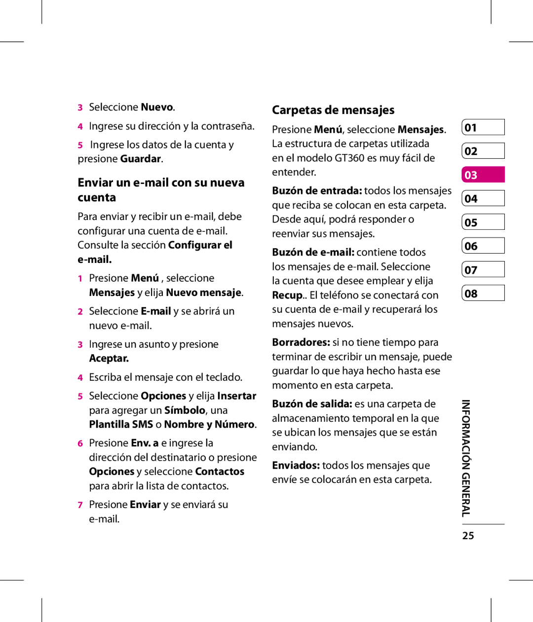 LG Electronics GT360 manual Enviar un e-mail con su nueva cuenta, Carpetas de mensajes 