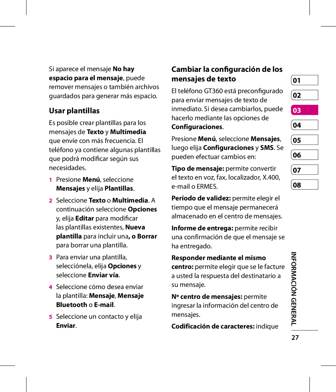 LG Electronics GT360 manual Usar plantillas, Cambiar la configuración de los mensajes de texto, Configuraciones 