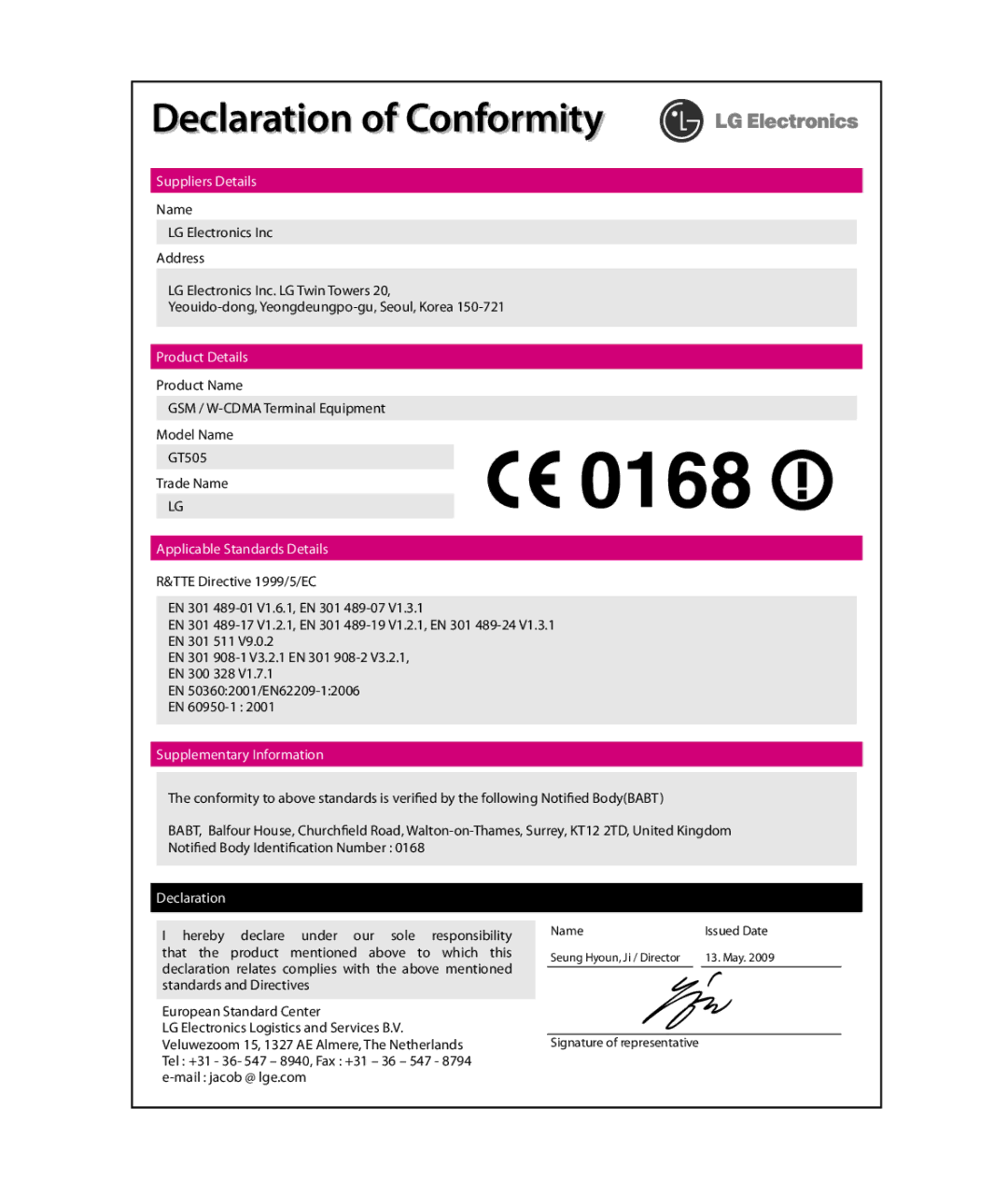 LG Electronics GT505 manual Declaration of Conformity 