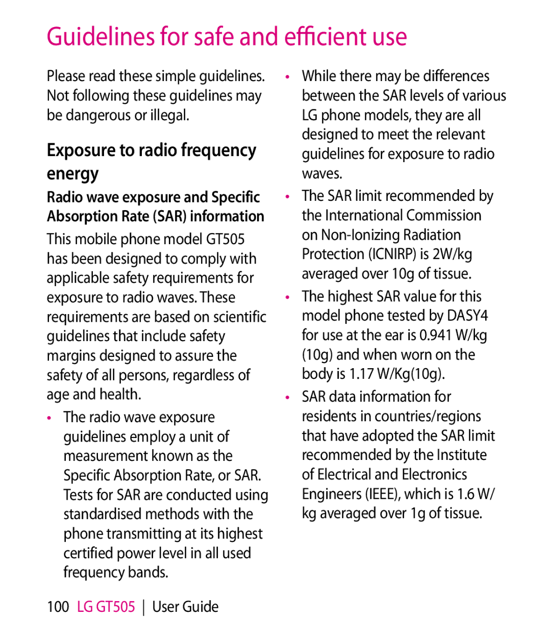 LG Electronics GT505 manual Guidelines for safe and efficient use, Exposure to radio frequency energy 