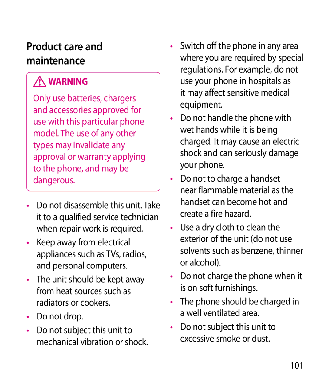 LG Electronics GT505 manual Do not drop, It may affect sensitive medical equipment, 101 