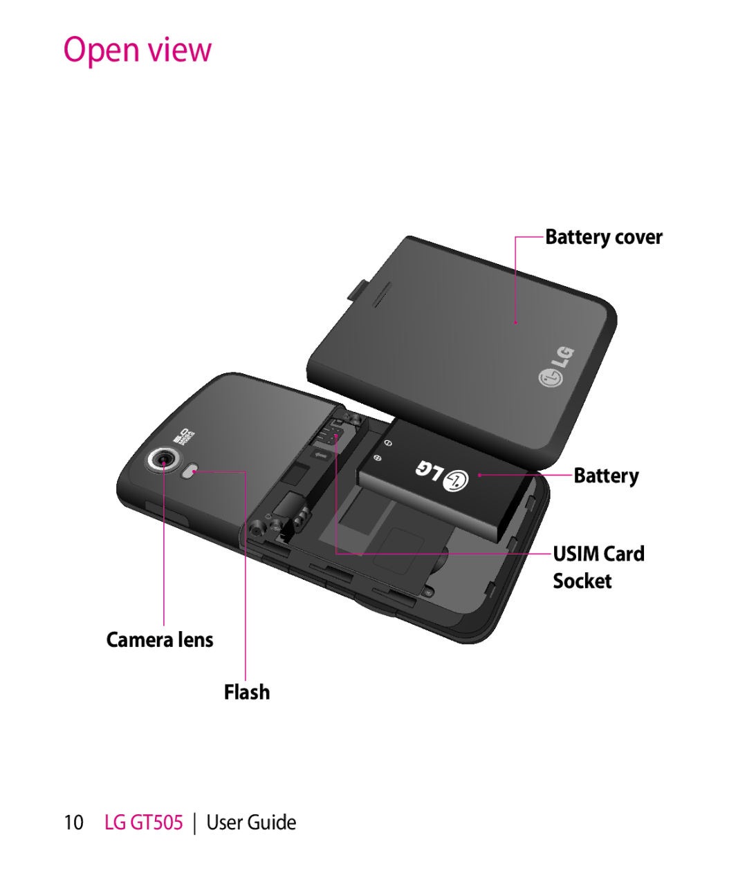 LG Electronics GT505 manual Open view, Camera lens Battery cover Usim Card Socket Flash 